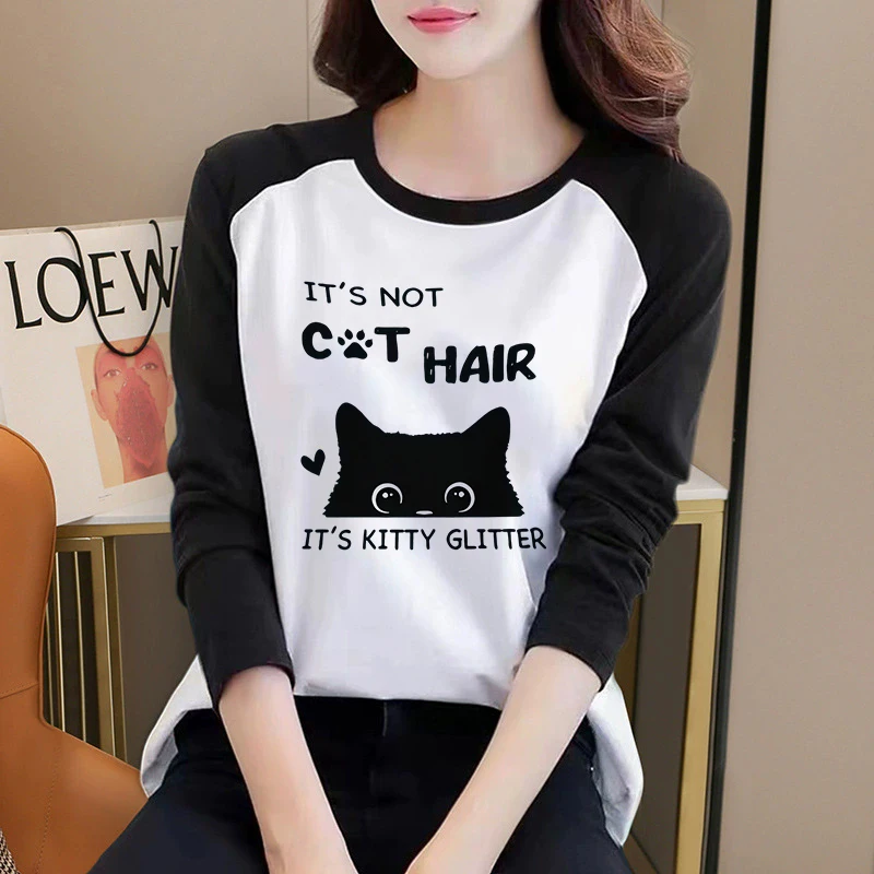 Lässige Grafik-T-Shirts mit Kätzchen- und Streifenmuster 90er Jahre Langarm-T-Shirt Damen Vintage Katzen-Kätzchen-Print T-Shirt Kleidung