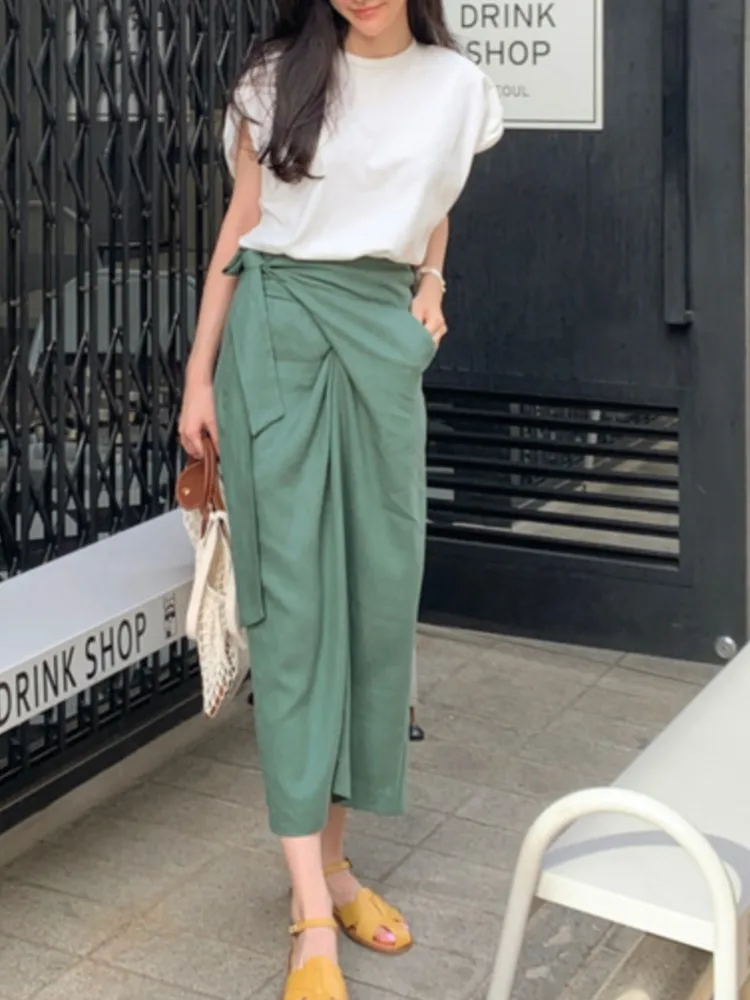 Summer Irregular Pleated Skirt Women Casual Fashion Ladies  Korean Style Loose Woman Long Skirts