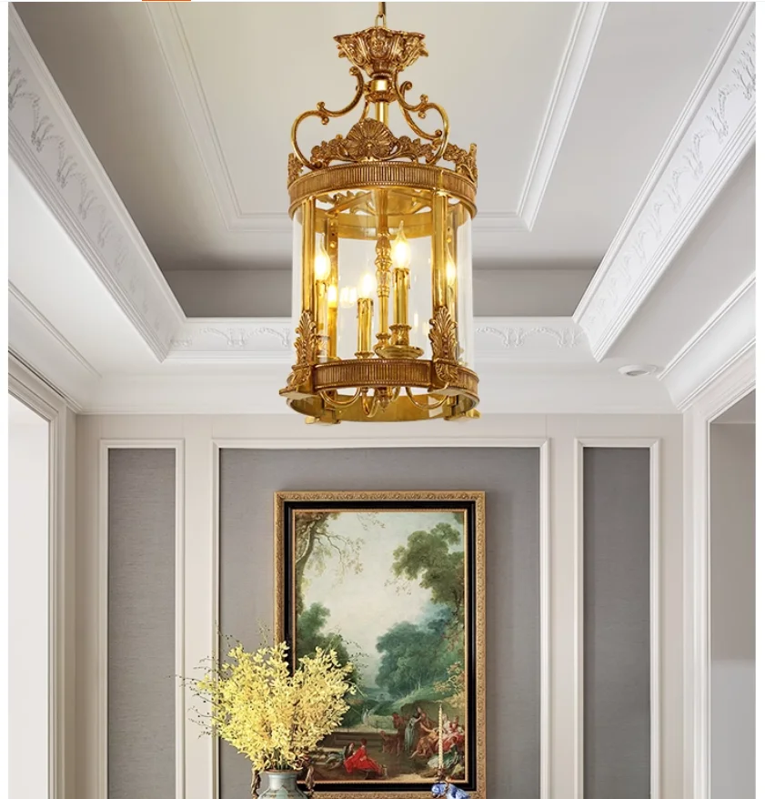 French Glass Pendant Lamp European Restaurant Fully Copper Entrance Balcony Corridor Hanging Lamp D40cm H65cm De Luxury Pendants