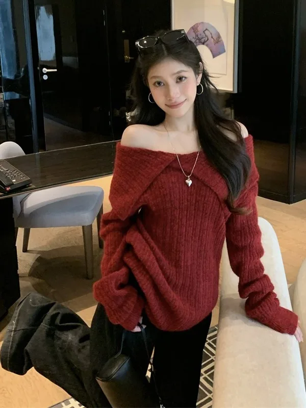 Cisas Nieuwjaar Rode Gebreide Trui Dames Loose Fit Casual Sle Long Sve One-schouder Turn-down Kraag Top