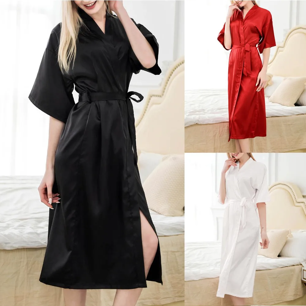 Women Night Gown Robe Satin Long Nightdress Female Wedding Dressing Gown Sleepwear Lingerie Nightdress Bath Robe Intimate