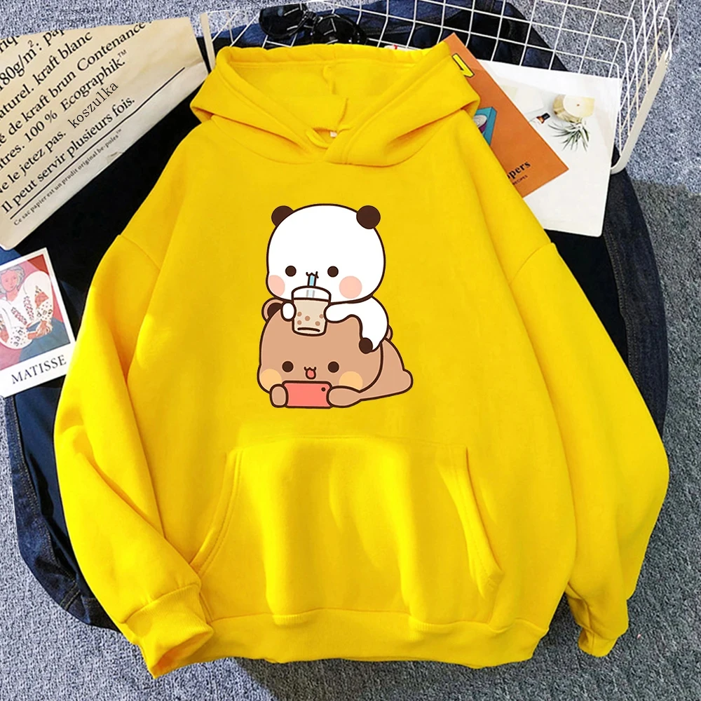 Sudadera holgada de manga larga para mujer, ropa Kawaii de talla grande, Tops con estampado de té de burbujas, Bubu y Dudu Drink, Harajuku