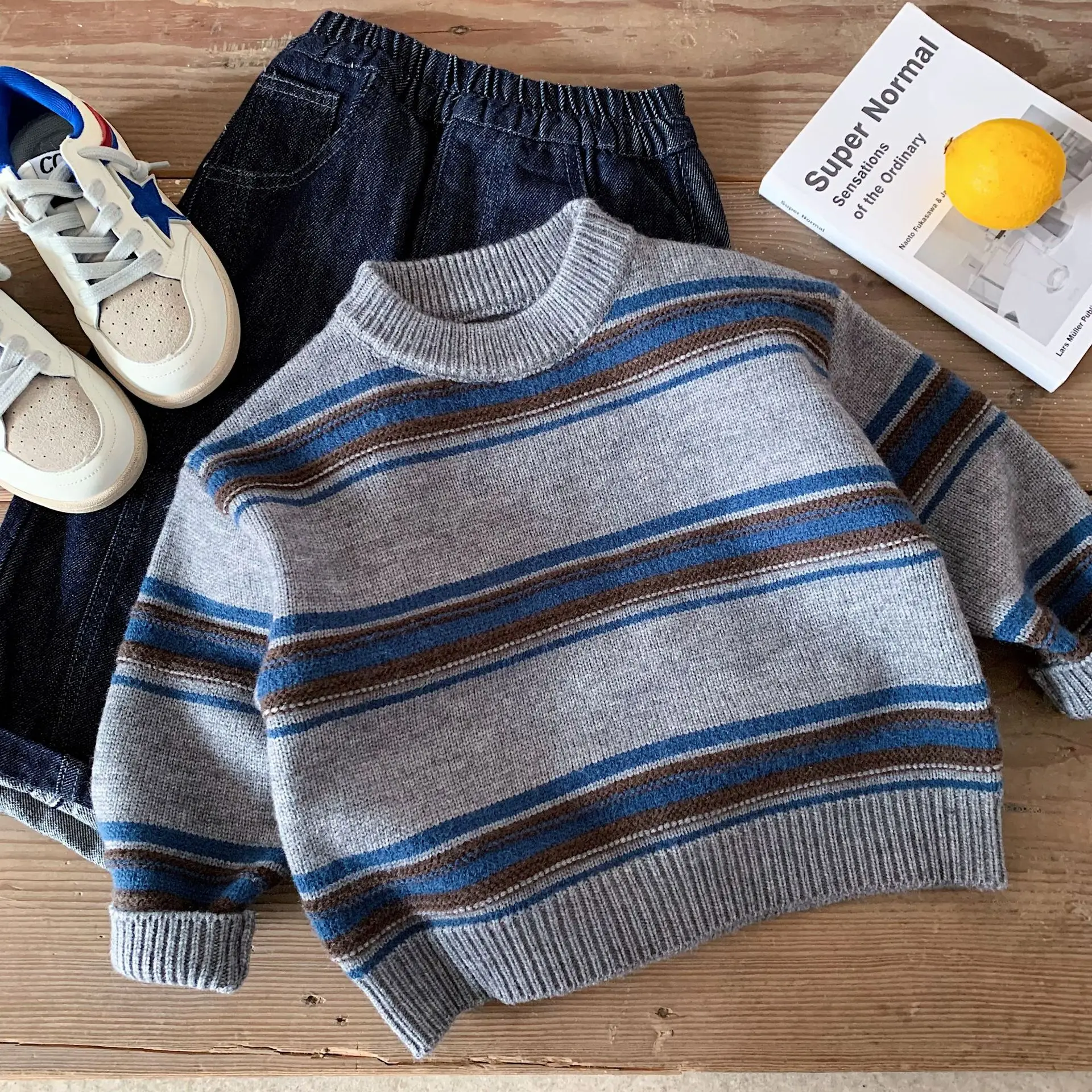 Boys Sweater 2026 Autumn and Winter New Children's Clothing Korean Style Boys and Girls Retro Color Striped Round Neck Sweater