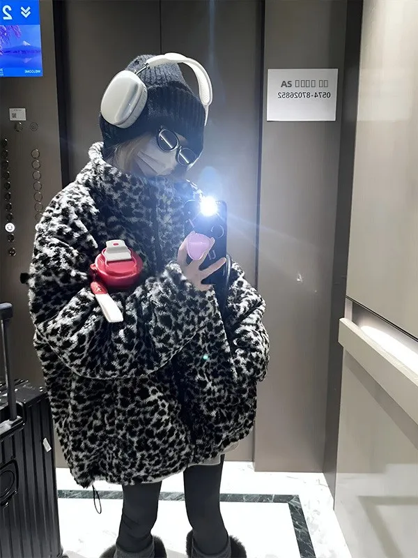 

Утепленное зимнее пальто с леопардовым принтом, шерстяное, длинное, с воротником-стойкой, женское, в корейском стиле, свободного кроя, с длинными рукавами