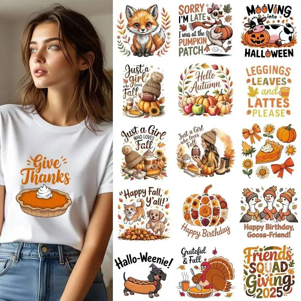 25CM Cute Autumn Harvest Pumpkin Turkey Heat Transfer Patches For Clothes DIY A-Level Washable Shirt Iron-on Thermal Stickers
