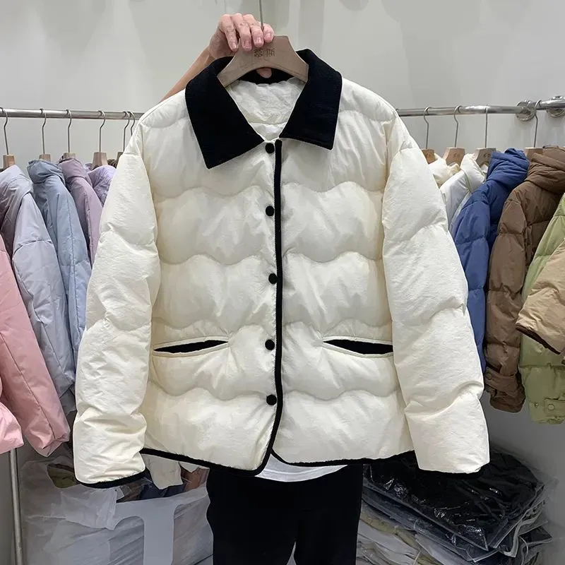 

Autumn And Winter New Down Jacket Women's Short Down Warm Coat Lapel Stitching Small Fragrance Loose Solid Color Outerwear