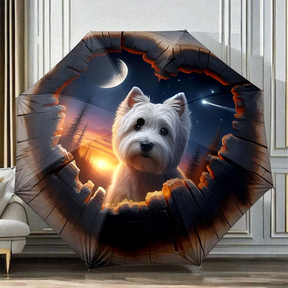 

Automatic Folding Umbrella with Westie Dog & Starry Night Design - West Highland Terrier Face, 8-Rib Windproof Collapsible Can