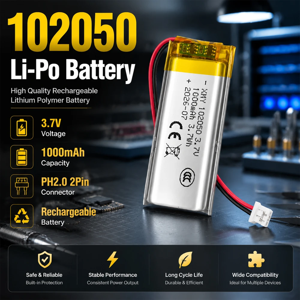 3.7V LiPo Battery 1000mAh Rechargeable Lithium Polymer Battery 102050 with PH2.0 Connector for DIY Electronics Replacement