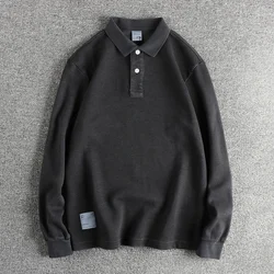 2024 Spring and Autumn New American Retro Long Sleeve Lapel Solid Color Polo Shirt Men's Simple Washed Old Loose Casual Tops