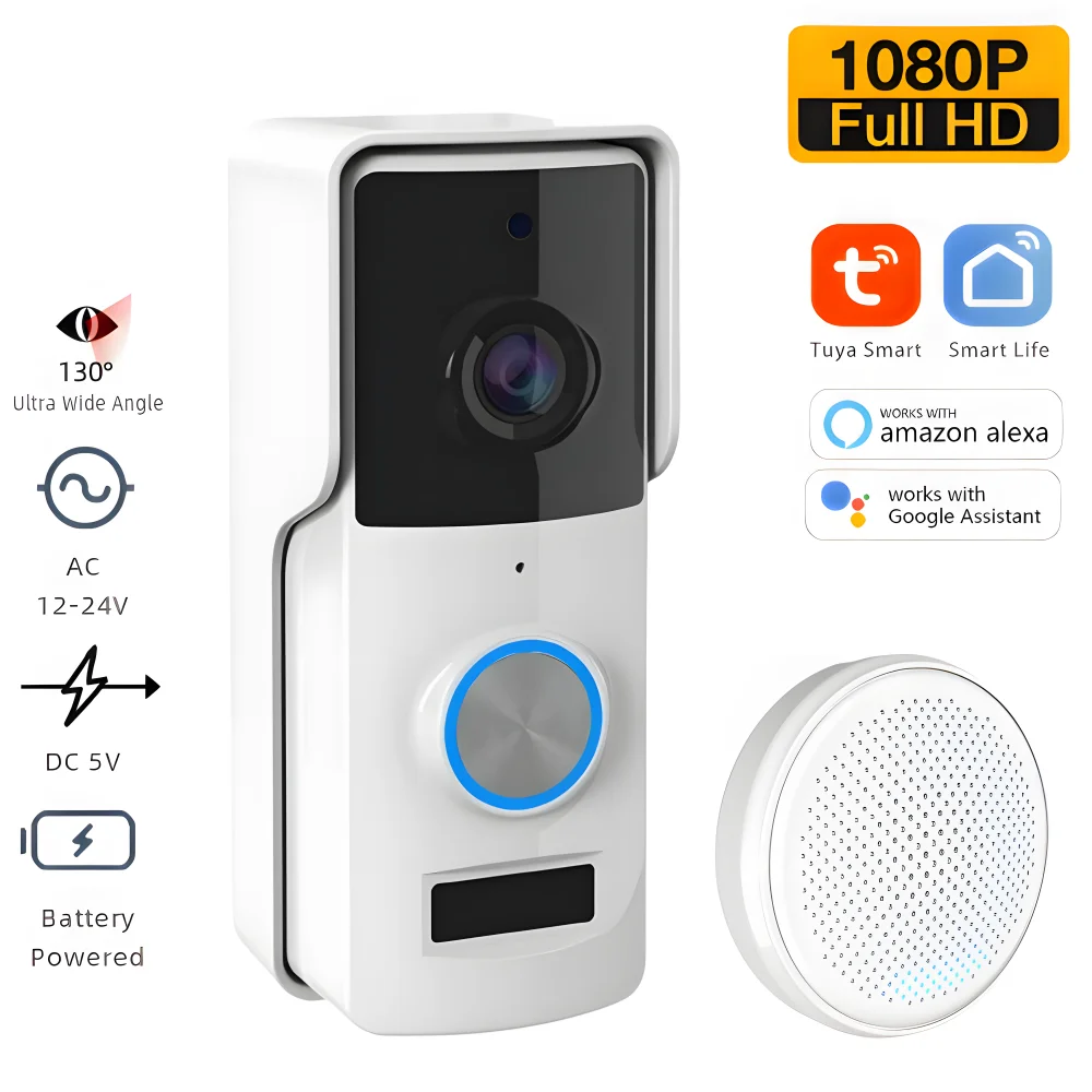 Tuya Smart Doorbell Camera 1080P Waterproof Wired AC 12V-24V 4000mAh Rechargeable Wifi Video Doorbell Wireless Alexa Google Home