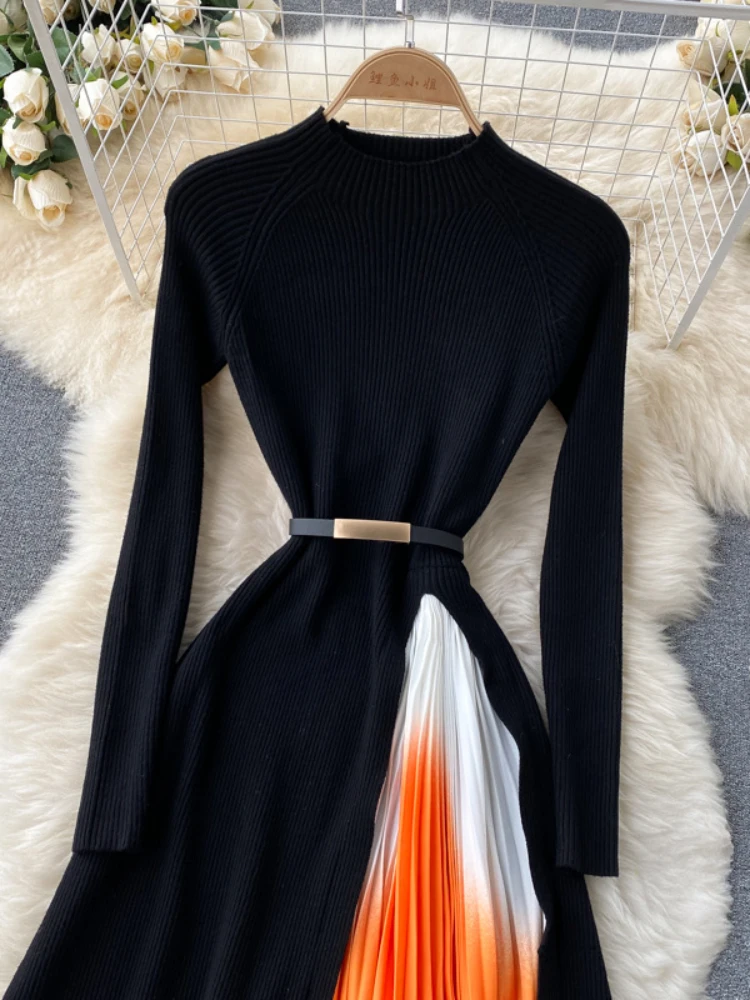 Women Elegant Vintage French Knit Patchwork Gradient Color Pleat Slim High Waist Dress Autumn Round Neck Long Sleeved Belt Robe