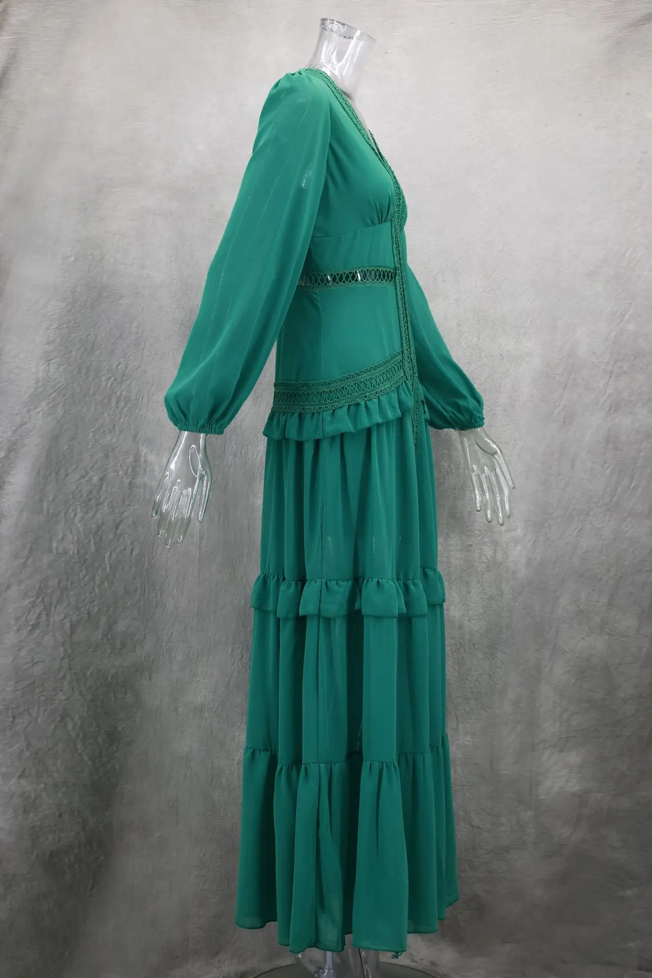 Feminino elegante em camadas babados retalhos vestido longo chique decote em v puff mangas completas dividir maxi vestidos moda senhora festa robes