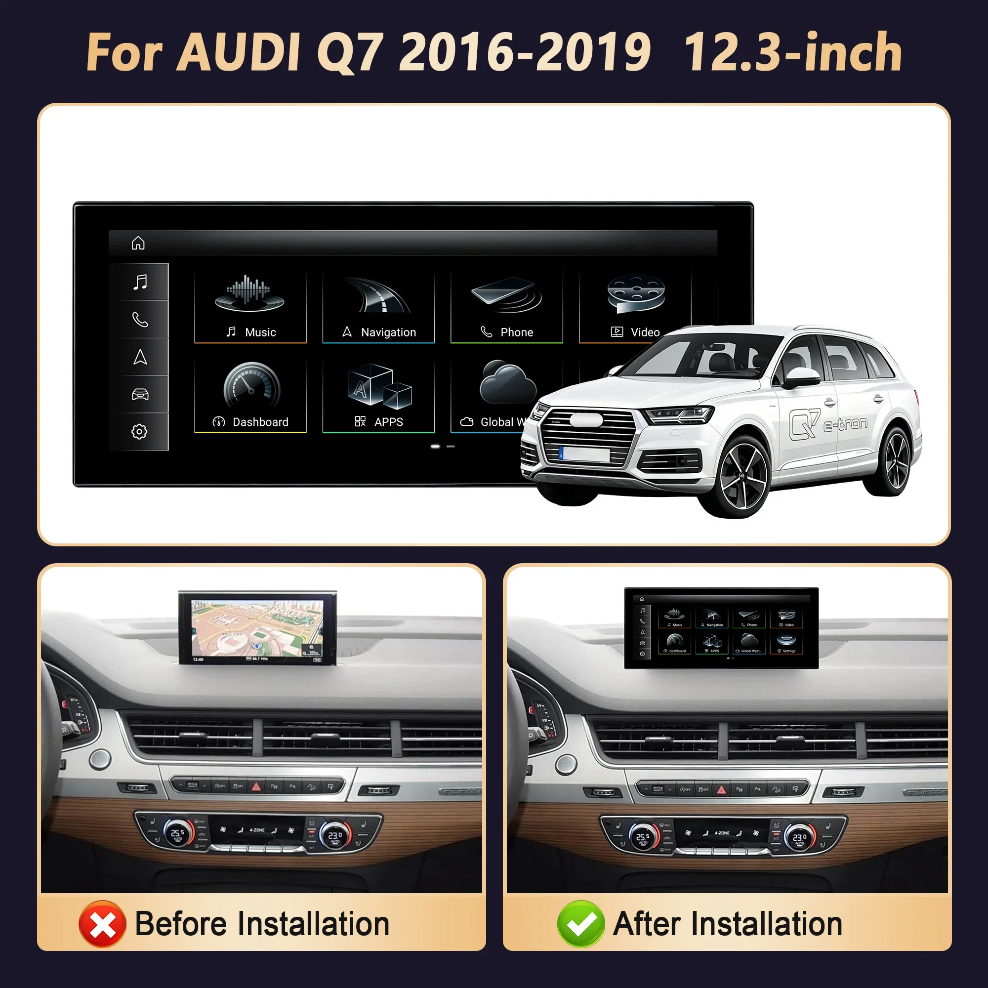 12.3 inch For AUDI Q7 SQ7 2016-2019 Left Hand Drive Android 14 Car Radio Wireless Carplay Qualcomm Snapdragon 680 Touch Screen