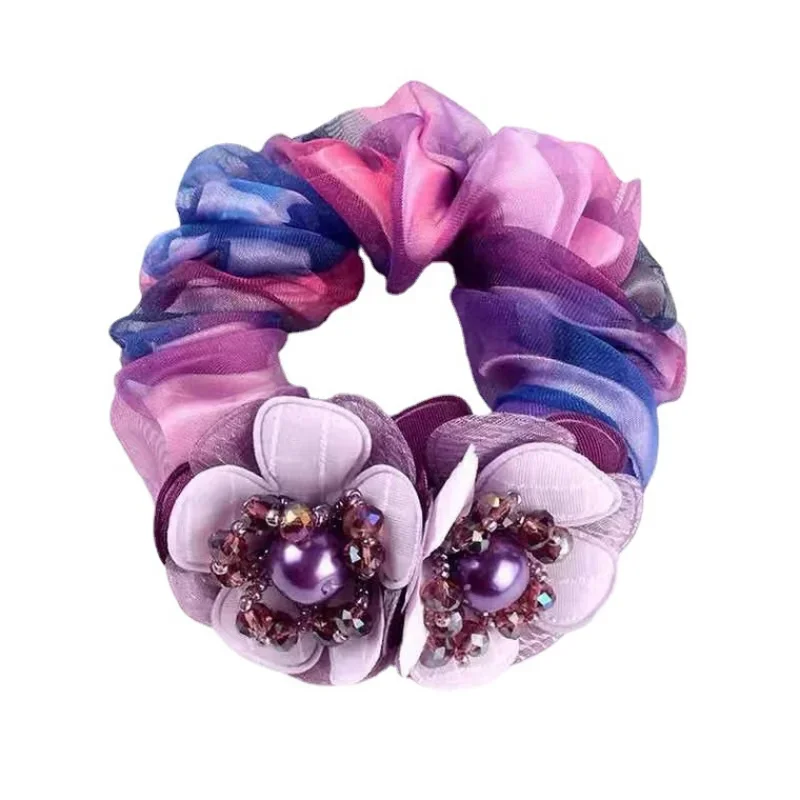 Elegant Ladies Crystal Flower Hair Rope Fashion Elastic Large Lace Hair Scrunchies Ties With Faux Pearl For Women Girls Headband