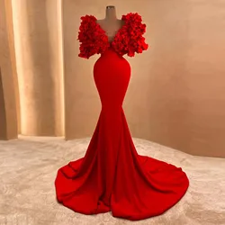 Real Image Red Stretchy Mermaid Long Prom Dresses 3D Flower Formal Party Dress Double V-neck Women Maxi Gowns