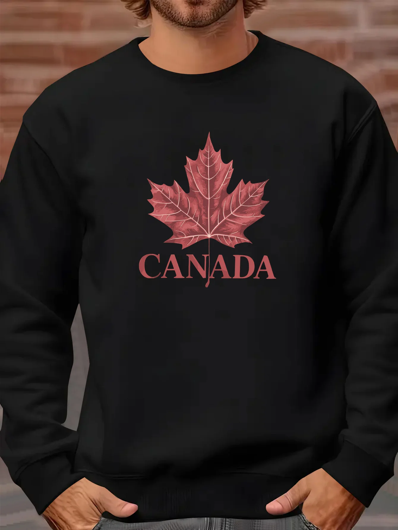 

Men's Dark Green Canada Maple Leaf Graphic Sweatshirt - Long Sleeve Round Neck Casual Pullover for Outdoor Training & Gym