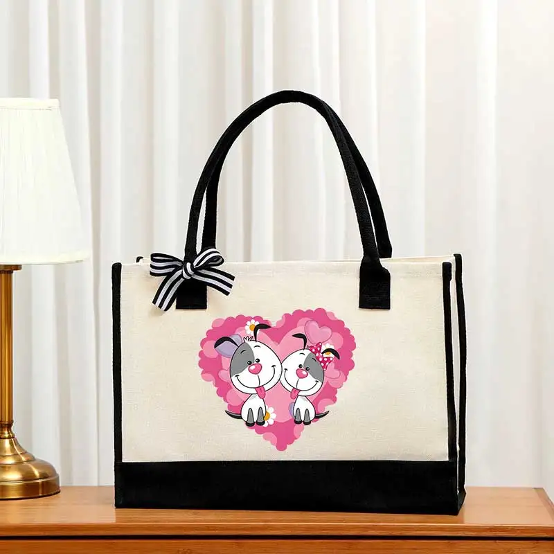 Environmentally friendly animal pattern square laminated black canvas cotton shopping women's handbag with black handle