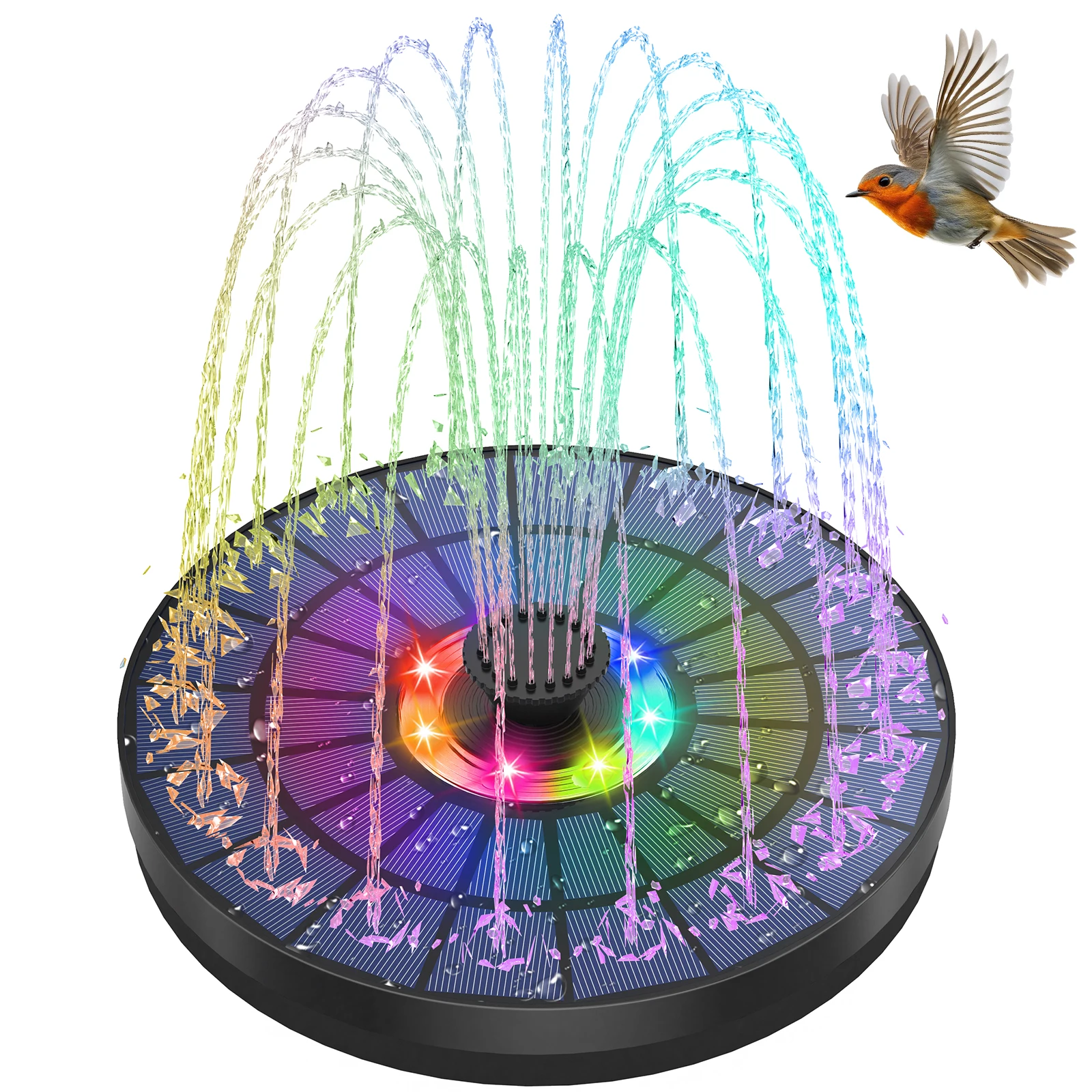 5.5W Solar Water Fountain Pump with LED Light Pretty Night Light Show,Built in 1500mAh Battery&7 Nozzle DIY Garden Water Feature