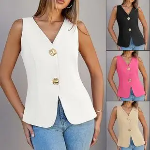 

Spring Summer Open Cardigan Vest Metal Bule Split Commuter Sle Women's Faion Slim Fit ort Length Pure Color Vest