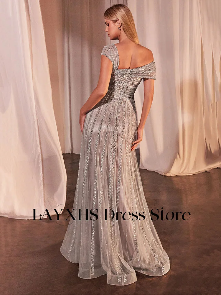 LAYXHS Brokatowe Sukienki Wieczorowe na Jedno Ramię Damskie Linia A Cekiny Koronka Plisy Bez Pleców Sukienki na Imprezę Bal Studniówkowy Szyte na Miarę فساتين سهرة