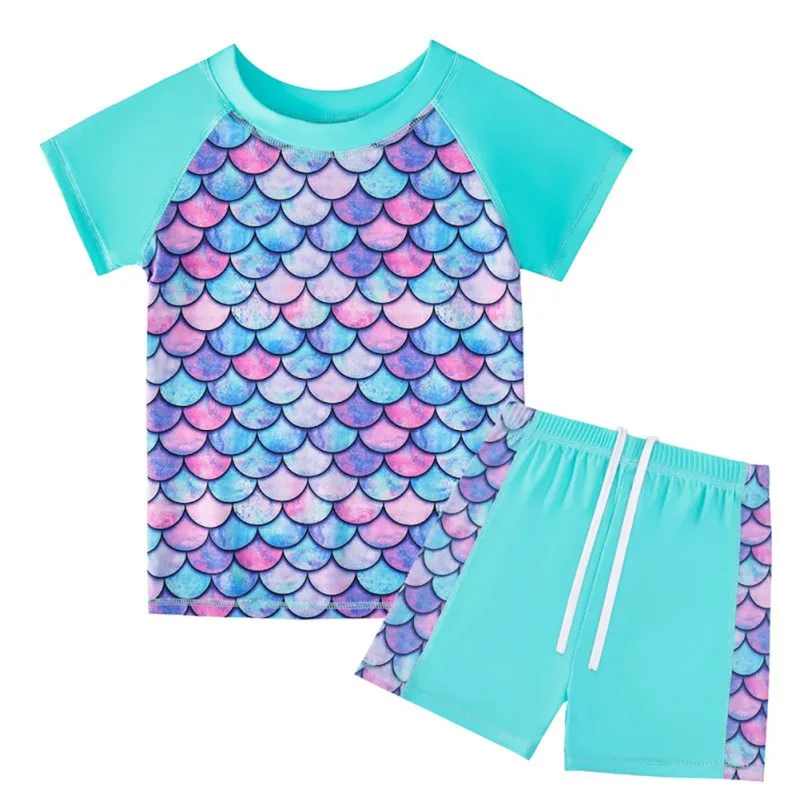 2PCS Fashion Swimming T-shirts Shorts Sets for Kids Girls Summer Cooling UV Protection Short Sleeves Top Shorts Set for Children