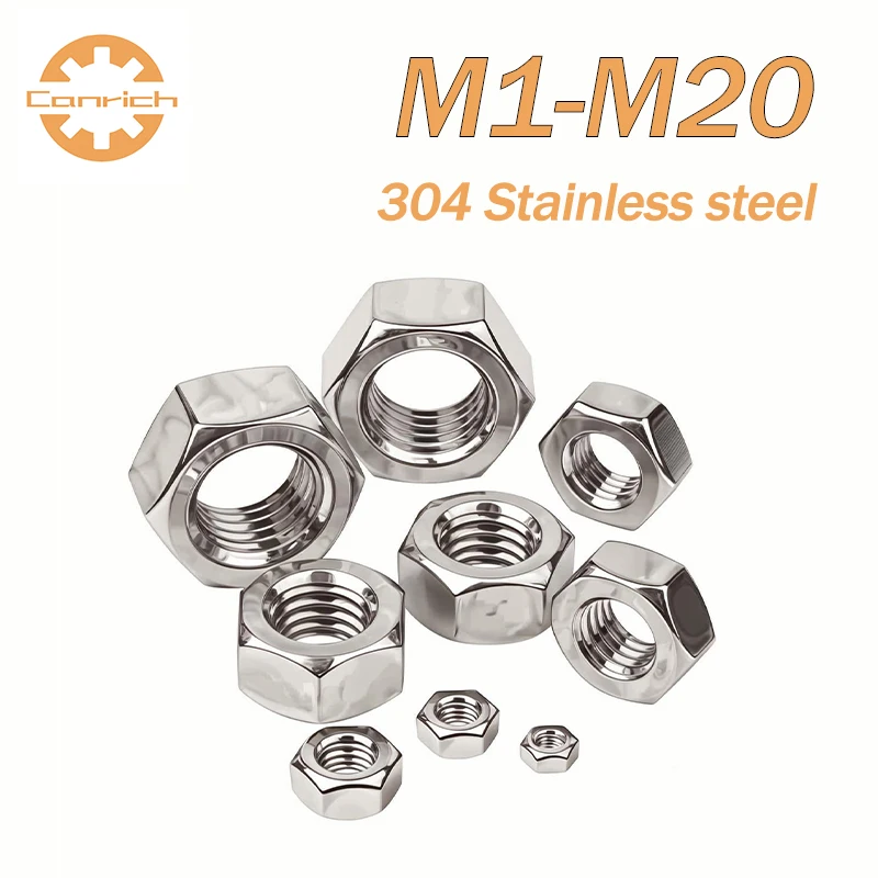 Hexagon Hex Nuts M1 M1.2 M1.4 M1.6 M2 M2.5 M3 M3.5 M4 M5 M6 M8 M10 M12 M14 M16 M18 M20 Hex Nut 304 Stainless Steel DIN934 Metric