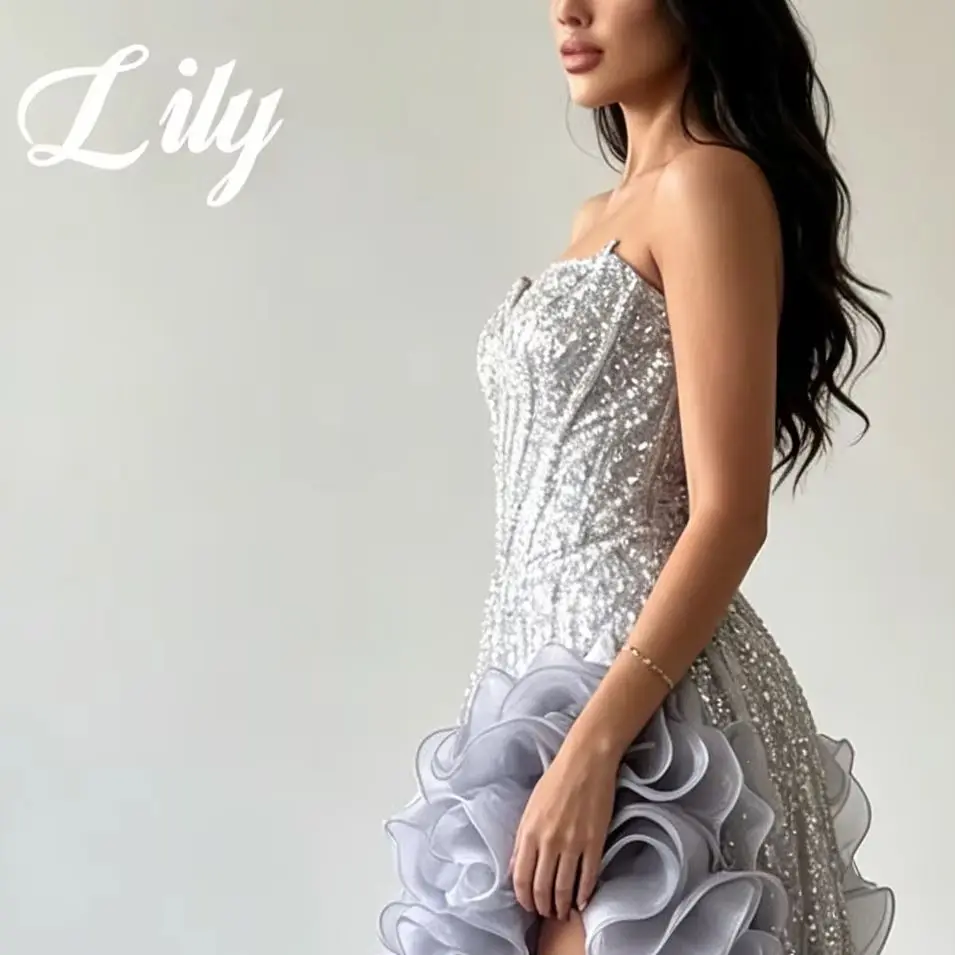 

Lily Luxury Grey Prom Dress Sparkly Beaded Corset Strapless Ruffle Evening Gown Split Floor Length Formal Party Dress Customized