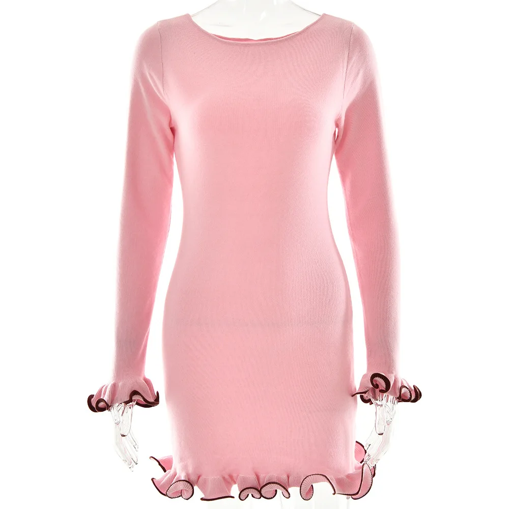 2025 Fall/Winter Sensual Ruffled Knit Bodycon Dress Flirty Long Sleeve Smocked Mini with Sheer Hem Party & Daily Wear