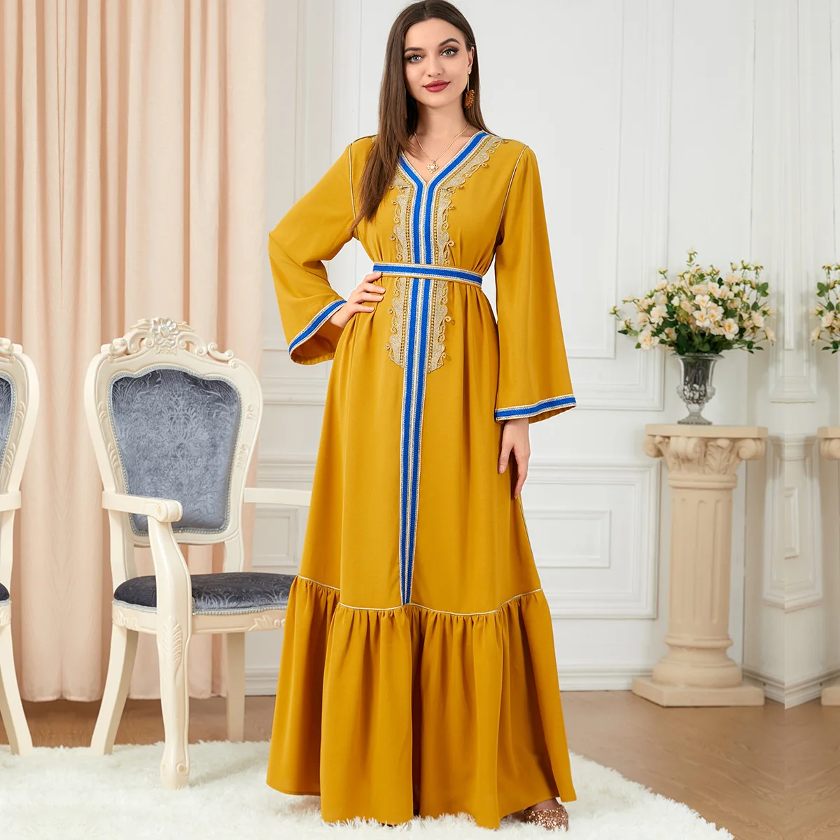 

3222 New Women's Long Sleeved Pleated Dress Embroidery Splice Slim Dress Autumn Dress