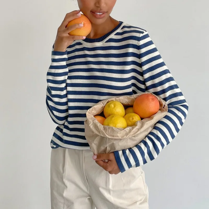 Talenza 여성 패션 풀오버 빈티지 스트라이프 대비 캐주얼 바텀 스웨터 스웨터 오피스 레이디 스트리트웨어 루즈 여성 스웨터