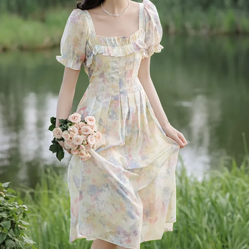 

Retro Square Collar Skirt Puff Sleeves Summer Dress for Girl