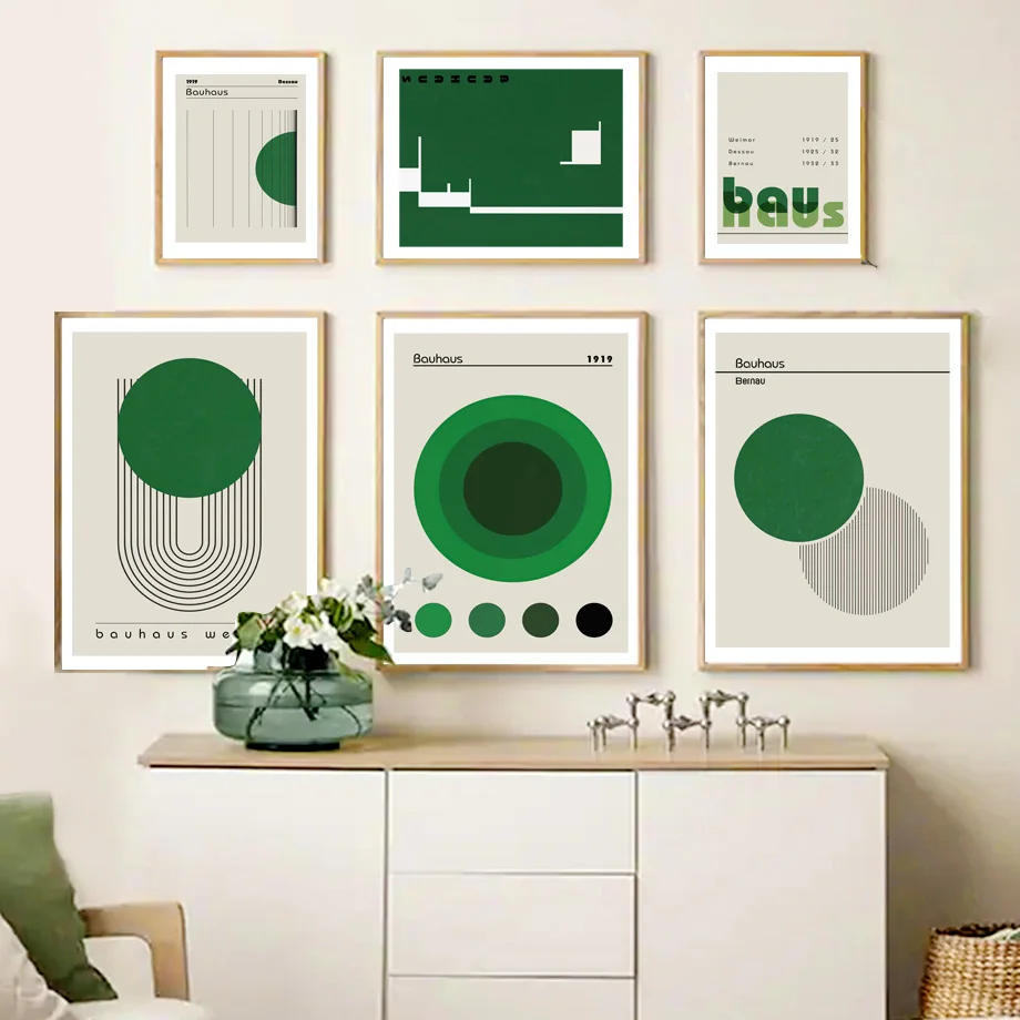 Abstract Bauhaus Wall Art Canvas Painting Green Aesthetic Posters And Prints Vintage Wall Pictures Living Room Modern Home Decor