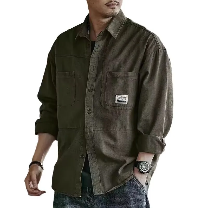 American Sle Vintage Wear-Resistant Long Sve irt Men's Spring Autumn Casual Loose Fit Workwear Classic Collar Coat