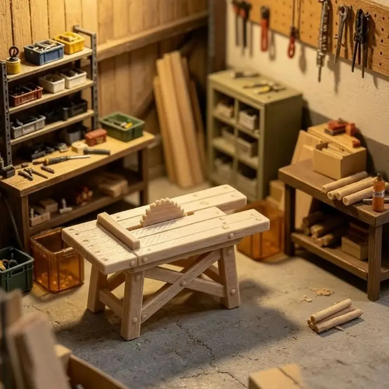 Highly Detailed Mini Simulated Saw Workbench Realistic Mini Firewood Set for 1:12 Scale Dollhouse Garage Scene Decoration