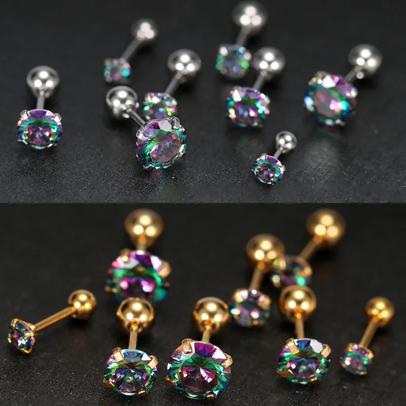 2PCS Small Ear Studs Earrings Cartilage Earrings Colorful Shiny Zircon Titanium Steel Anti-allergic 16G Fashion Jewelry Women