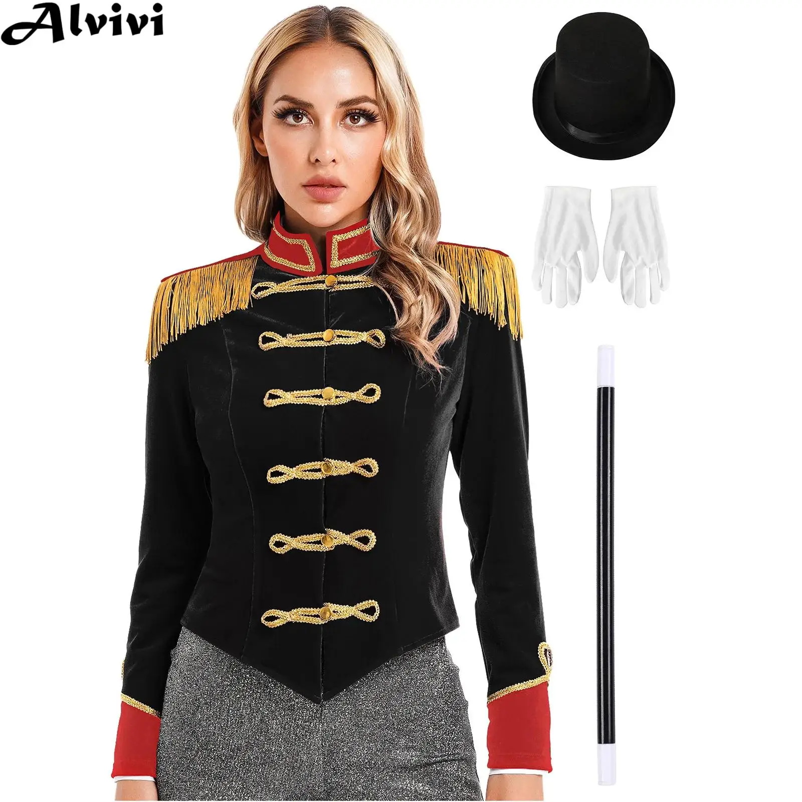 Women Long Sleeve Jacket with Hat Gloves Magic Wand Halloween Carnival Magician Circus Ringmaster Cosplay Performance Costume