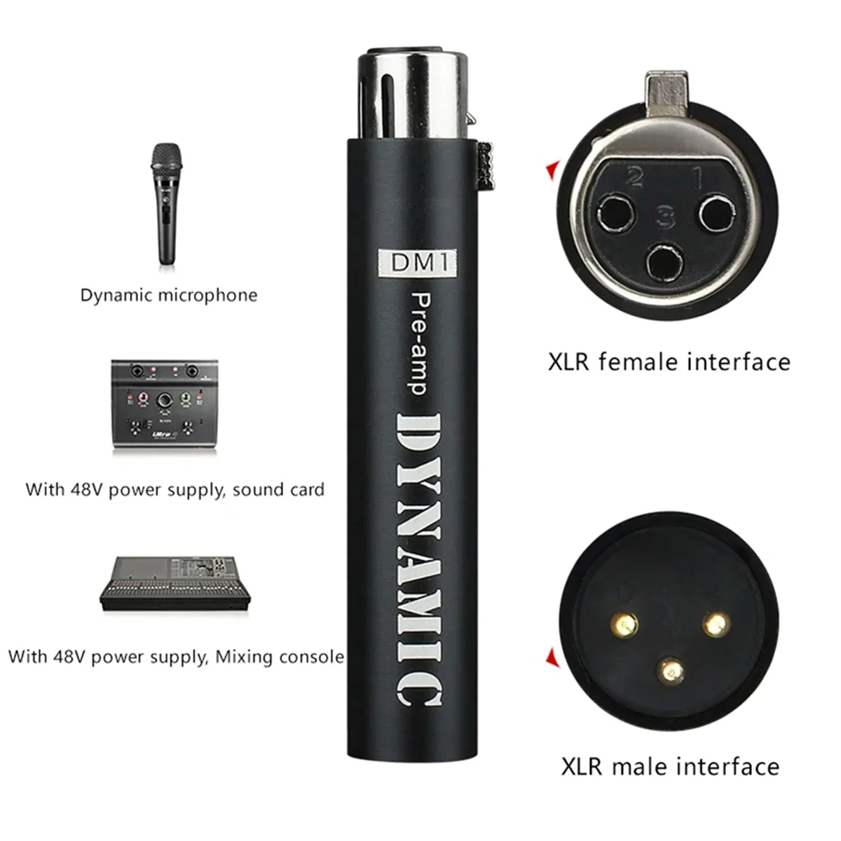Substituição Dynamic Microfone Preamplifier, 28DB ganho amplificador para microfones dinâmicos e fita passiva, DM1 preto