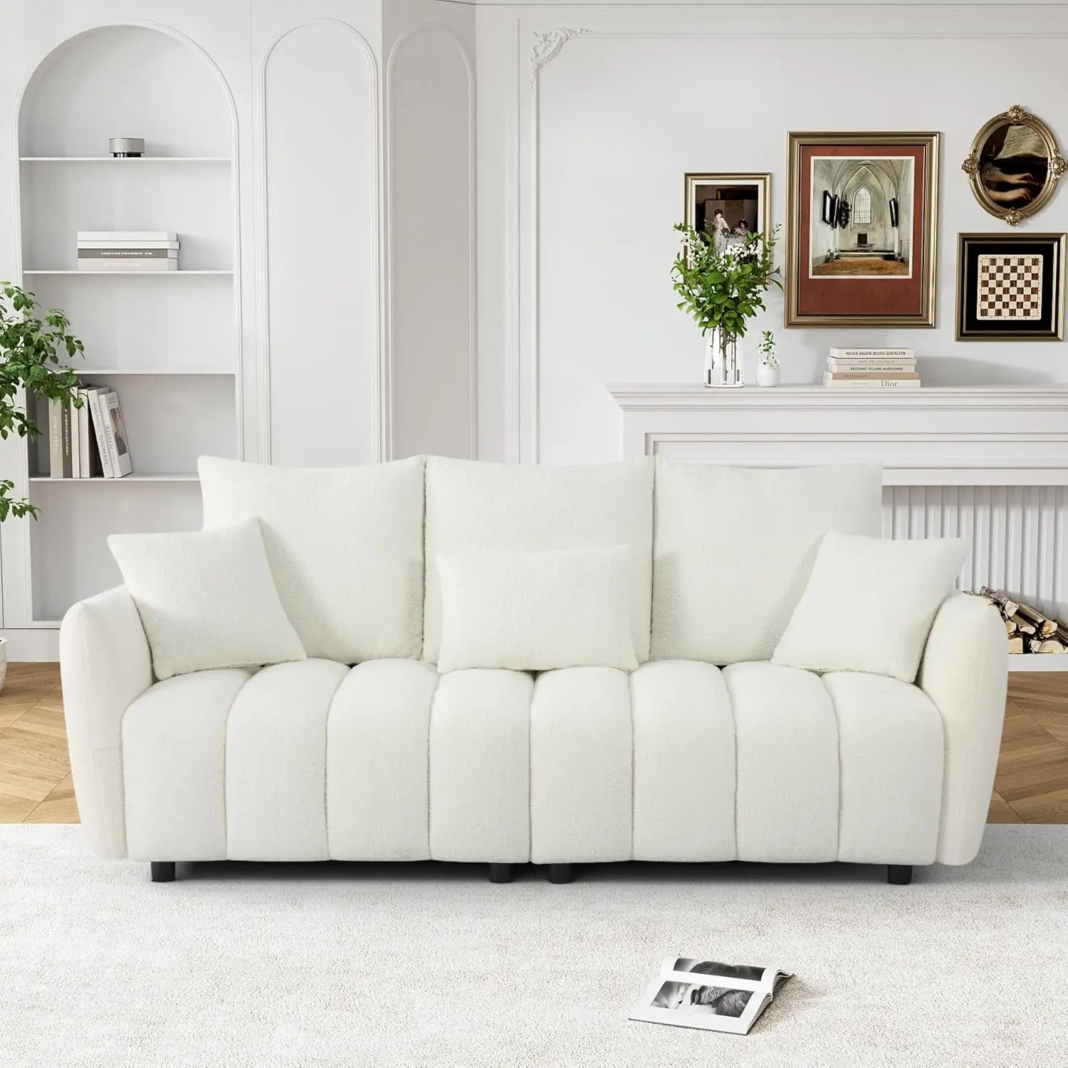 Cloud Sofa Couch, Modern Deep Seat Boucle Sofa, Comfy Upholstered Sherpa 3 Seater Couch with 3 Pillows, Oversized Loveseat