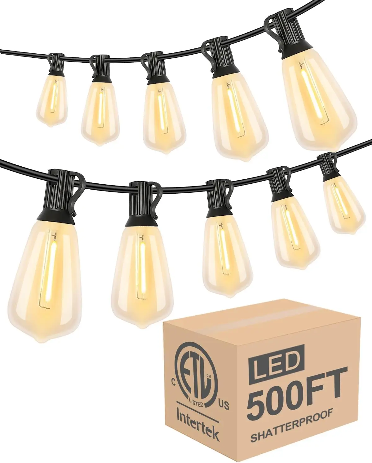 

500FT Outdoor String Lights, LED Bistro Lights with Shatterproof ST38 Bulbs, Dimmable 2200K, Waterproof for Porch, Party, Garden, Backyard, Balcony - ETL Listed