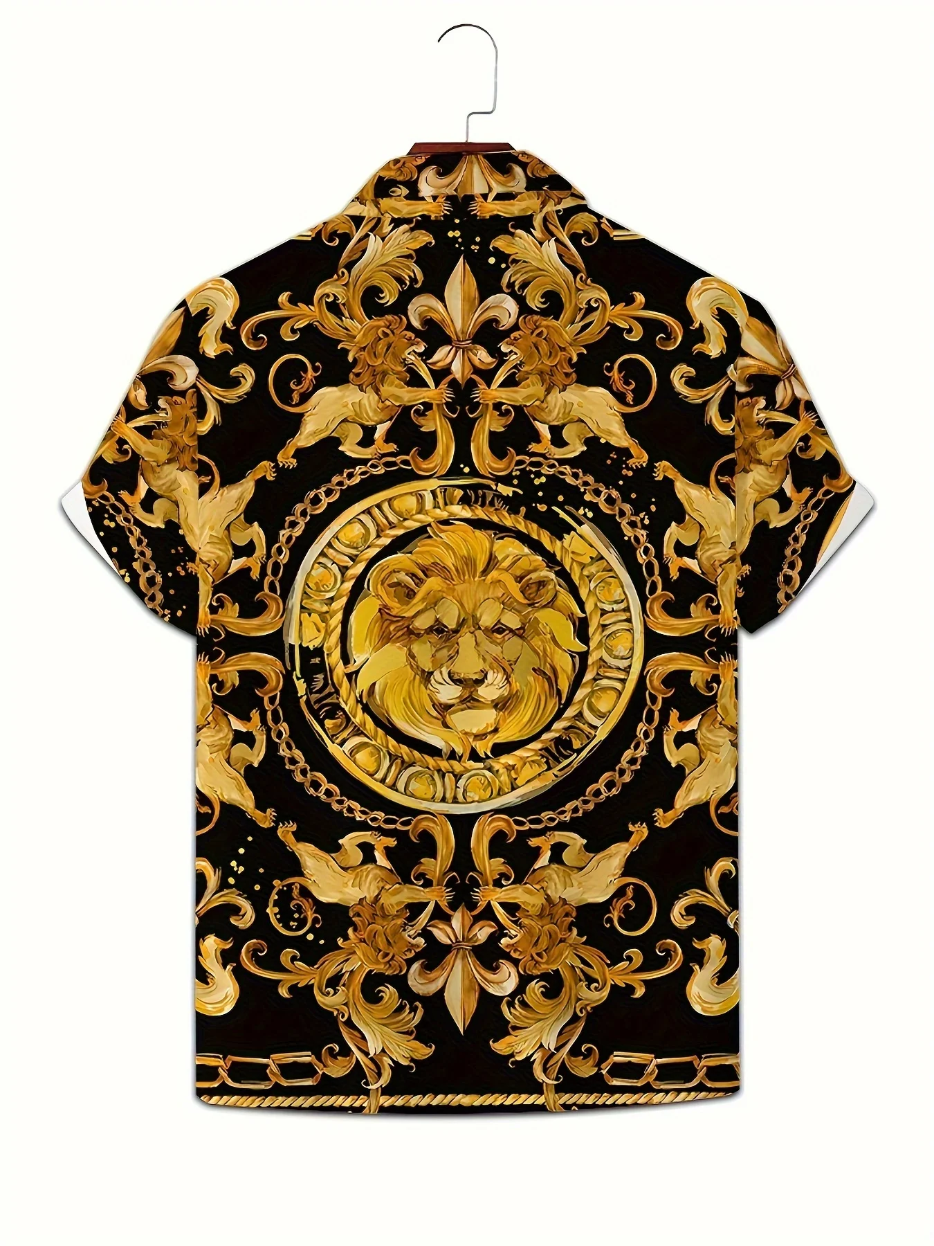 Luxury Shirts Black Gold Baroque Lion Head Chain Floral Scroll Printed Loose Vacation Short Sleeve Lapel Tops Men Clothes