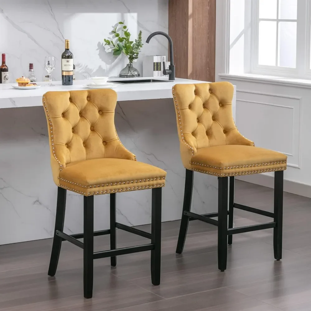 Bar Stool, with Button Tufted Nail Head Trim Rim Chair, 27.2'' Seat Height Barstools with Back, Set of 2 Bar Stool