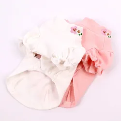 Flower Cotton Pet Clothes Embroidered Puff Sleeves with Cute Cat Dog Clothes for Small Dogs Schnauzer Frenchie Puppy Clothes