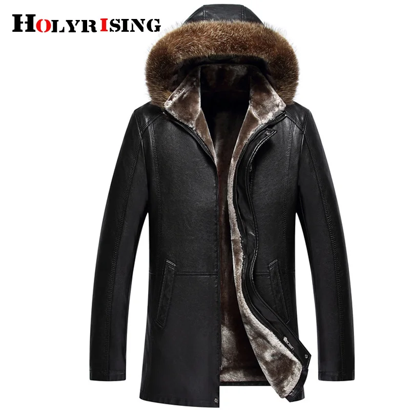 

Holyrising fur coat men Real Raccoon Fur deri mont erkek Men Faux Leather Jackets Winter Thicken Coat lederjacke herren 18592-5