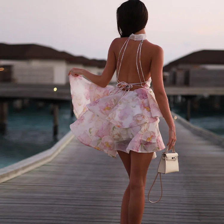 

Women's Dress New Halter Neck Backless Tie Floral Multi-layer Ruffle Print Dress Short Skirt Elegant Party Dress Beach Dress