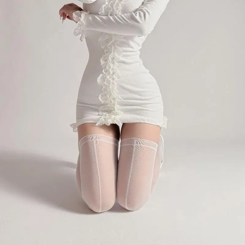 Sheer Mesh Thigh High Stockings Back Stripe Elastic Lace Top Semi Sheer Daily Party Going Out Vertical Back Stockings