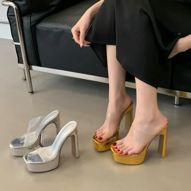 

New Style Designer Transparent Platform Slippers Women Square Toe High Heels Slides Shoes Summer Female Shoes Zapatos De Mujer