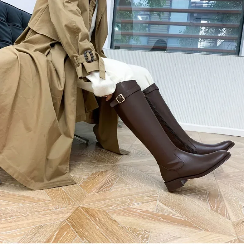 Women's Long Boots Autumn Elegant With Low Heels Ladies Knee High Shaft Shoes Winter 2024 Footwear Sale Waterproof on Promotion