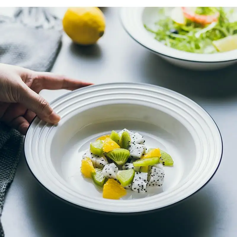 

Dinner Set Plates and Dishes Ceramic Plate Nordic Minimalist Blue Line Round Deep Home Salad Bowl Kitchen Supplies