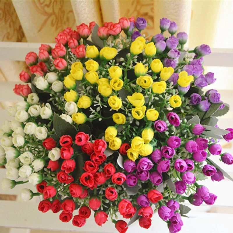 1 Bunch Fake Flower 36 Heads Artificial Silk Flowers Small Bud Rose Wedding Home Festival Grave White Purple Bouquet Decoration