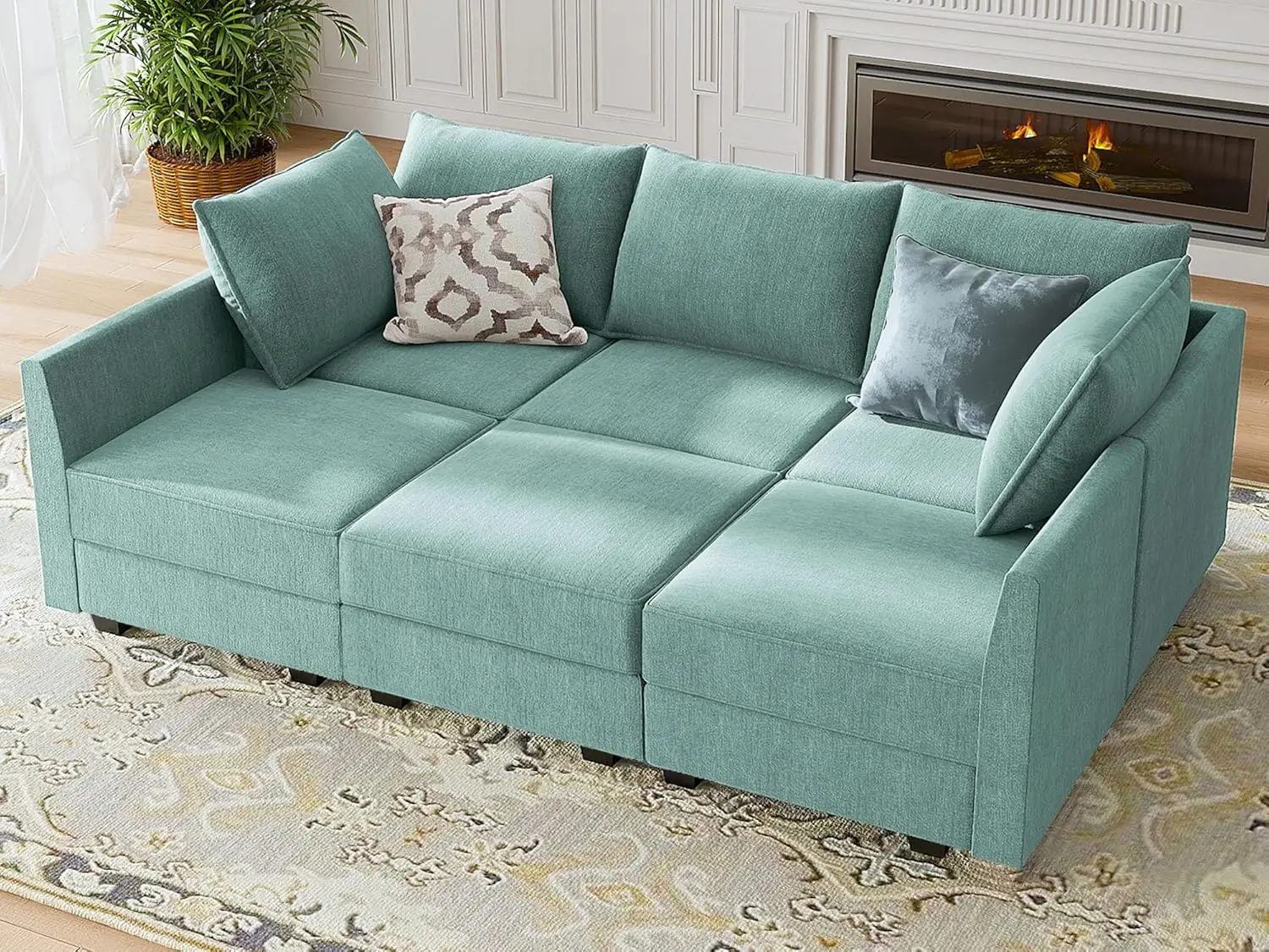 Modular Sectional Sleeper Sofa Bed U Shaped Modular Sofa with Storage Seats Sleeper Sectional Sofa Modular Couch Aqua Blue